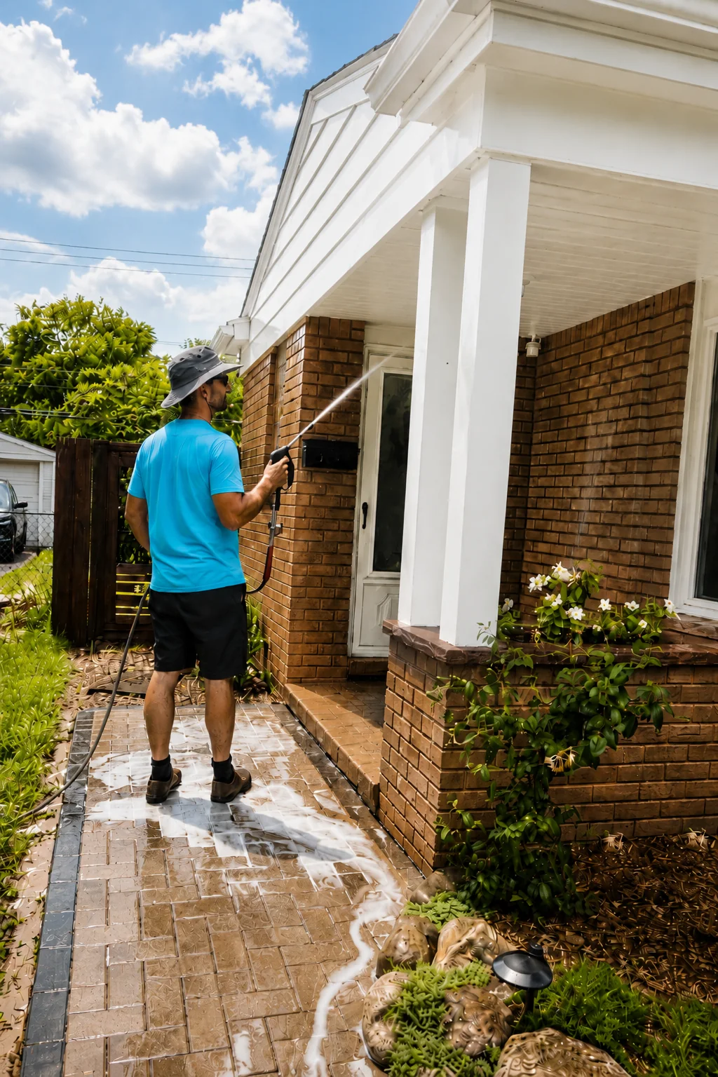 Sparkle Team technician washing the exterior of a Royal Oak home